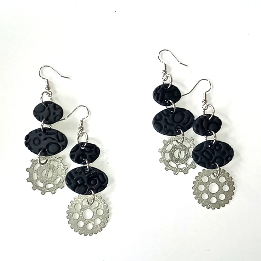 Clay earrings-Mosaic Gears- Black and Silver